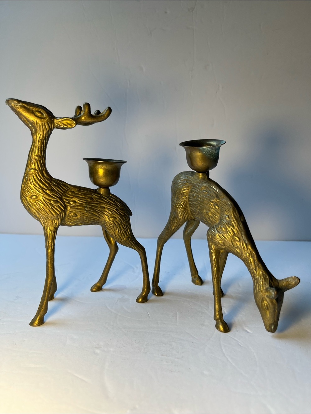 Brass Deer Candleholders Set of (2) 
1 buck 1 Doe Vintage Brass Natural Patina